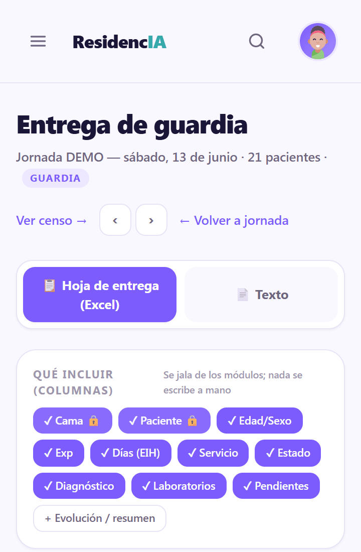 Censo de entrega de guardia en ResidencIA